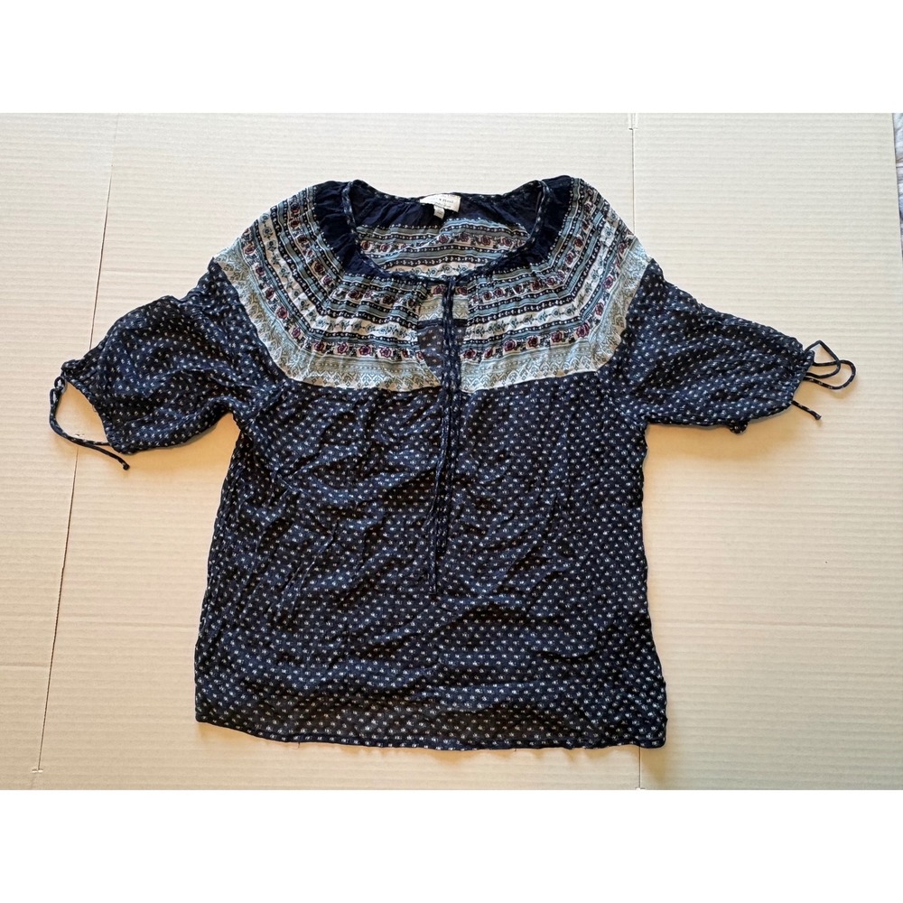Lucky Brand Navy Blue Boho Floral Print Peasant Blouse Split Neck Top Large